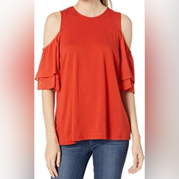 Michael Kors Red Cold Shoulder Ruffle Top - Picture 2 of 7